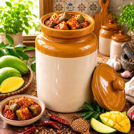 Pure Source India Ceramic Pickle Jar with Lid -Ivory and Brown
