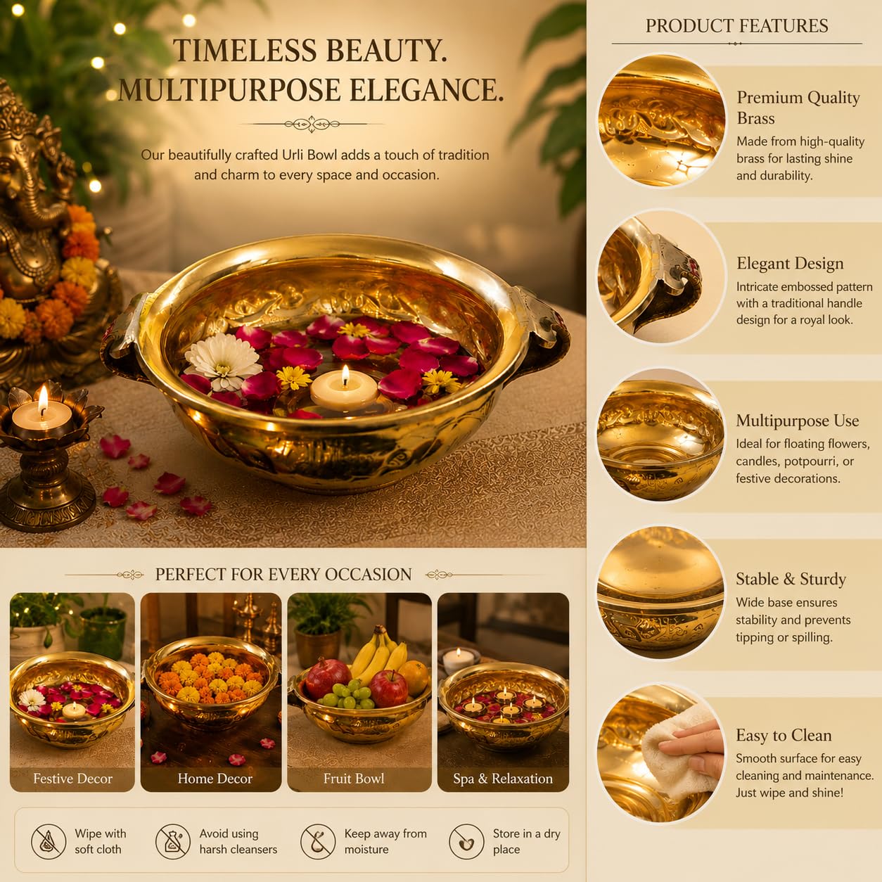 Pure Source India Brass Urli Bowl with Handles, 600 ml | Decorative Floating Flower Bowl for Home Decor, Diwali, Rangoli, Center Table, Wedding, Pooja & Festive Decoration