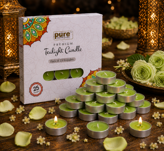 Pure Source India Scented Lemongrass Tea Light Candles Pack of 25 | Fragrance Tealights for Home Decor, Meditation, Pooja, Diwali, Parties & Aromatherapy | Long-Lasting Decorative Candles