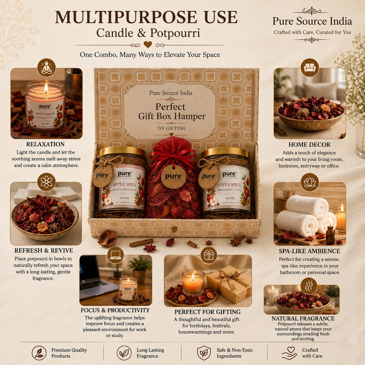 Pure Source India Luxury Festive Gift Box Hamper with Apple Spice Scented Candles & Red Potpourri