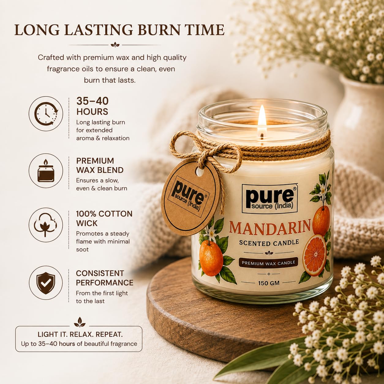 Pure Source India Scented Jar Candle Set of 2 (Apple Spice & Mandarin) | 150g Each | Premium Wax Candles | 35-40 Hours Burn Time | Aromatherapy Candles for Home Decor, Diwali, Bedroom, Spa & Gifts