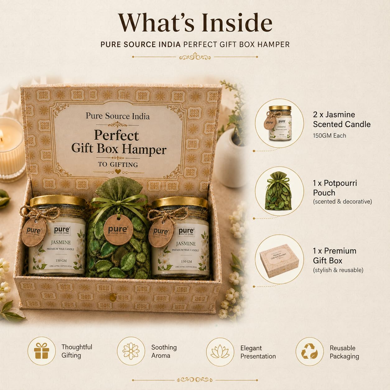 Pure Source India Luxury Festive Gift Box Hamper with Jasmine Scented Candles & Green Potpourri| Premium Gift Set