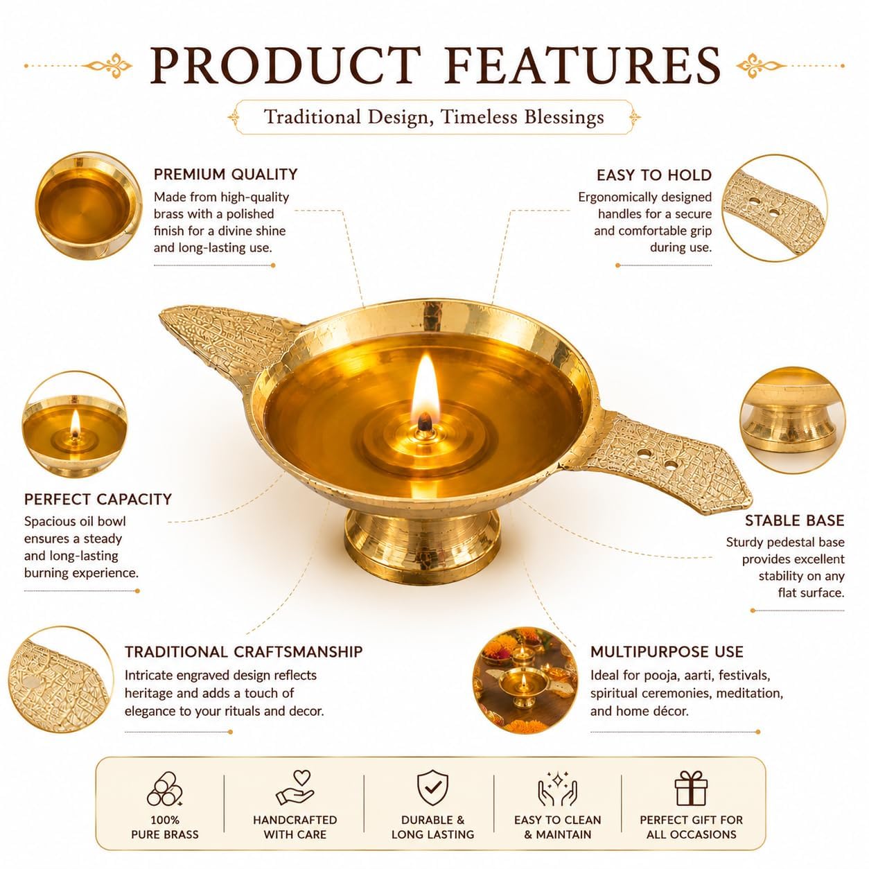 Pure Source India Brass Diya Oil Lamp for Pooja, 4.5 Inch | Traditional Indian Deepam with Decorative Handles | Brass Temple Lamp for Home, Diwali, Festivals & Spiritual Decor