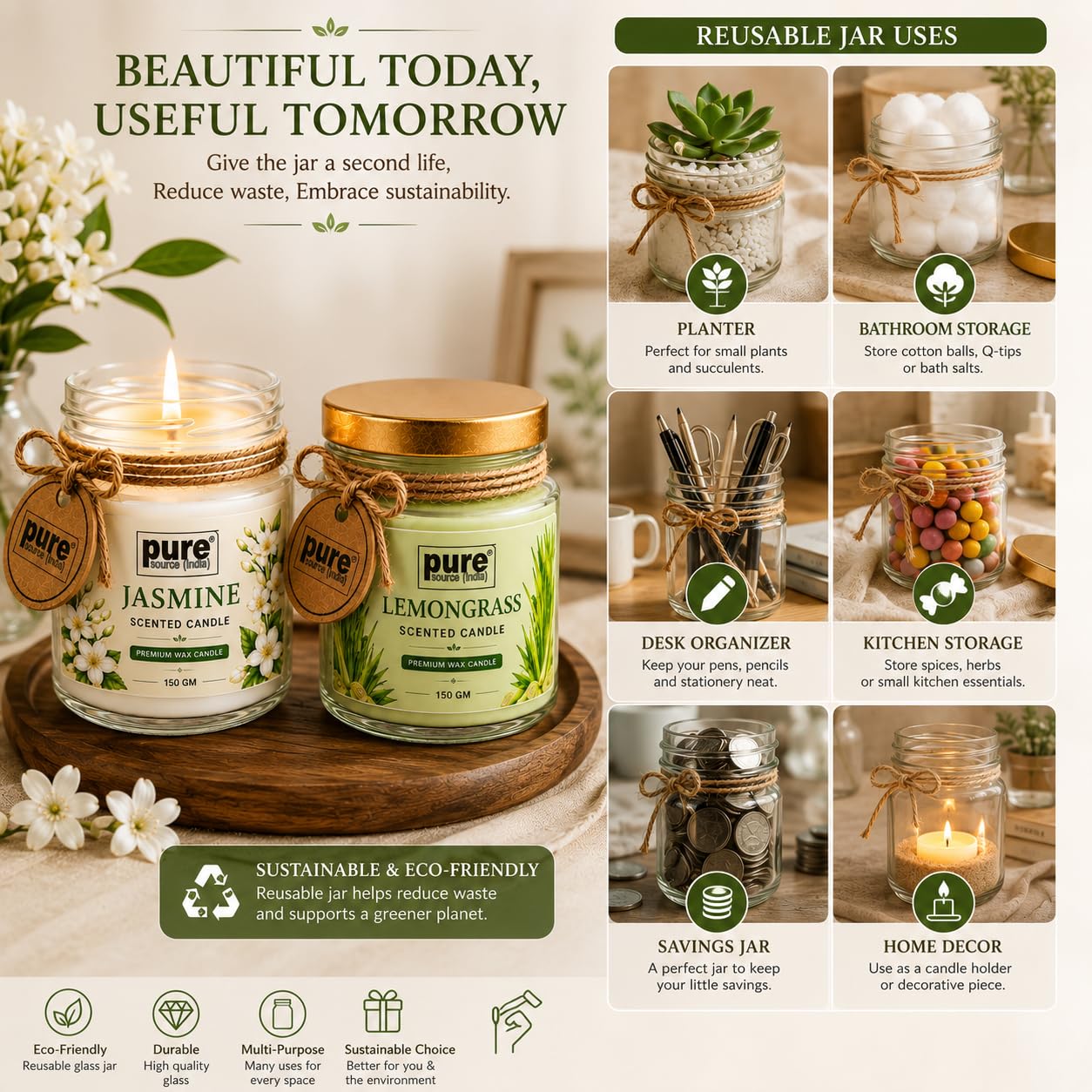 Pure Source India Scented Jar Candle Set of 2 (Jasmine & Lemongrass) | 150 g Each | Premium Wax Candles | 35–40 Hours Burn Time | Aromatherapy Candles for Home Decor, Diwali, Bedroom, Spa & Gifting