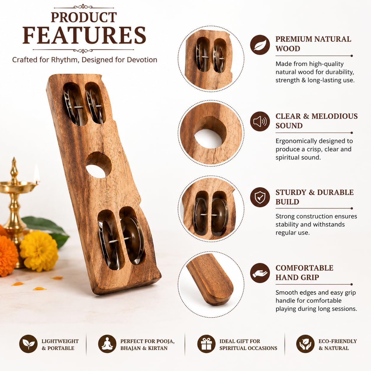 Pure Source India Wooden Kartal Handheld Jingle Bell Musical Instrument Pack of 2 | 4 Stainless Steel Bells | Natural Wood Percussion Shaker for Bhajan, Kirtan, Pooja, Aarti, Meditation & Devotional Music
