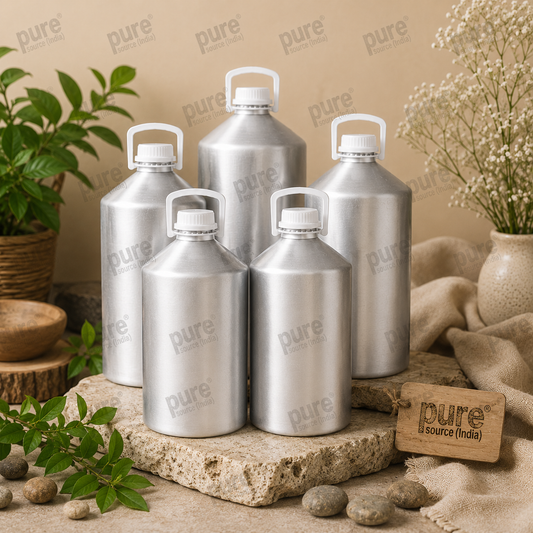 Pure Source India Aluminum Empty Bottle 5 Ltr. with Inner Lid & Cap – Ideal for Essential Oils, Oil Blends, Cosmetics and Liquid Storage (Copy) (Copy)