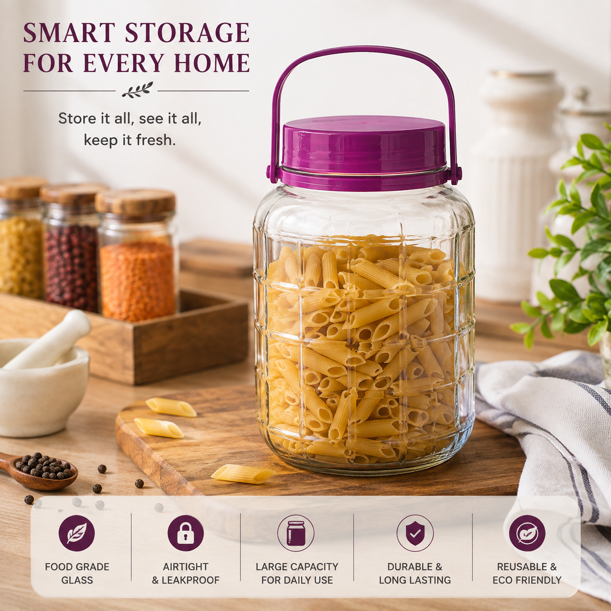 Pure Source India 3 Kg Glass Jar Container With Purple Lid Handle