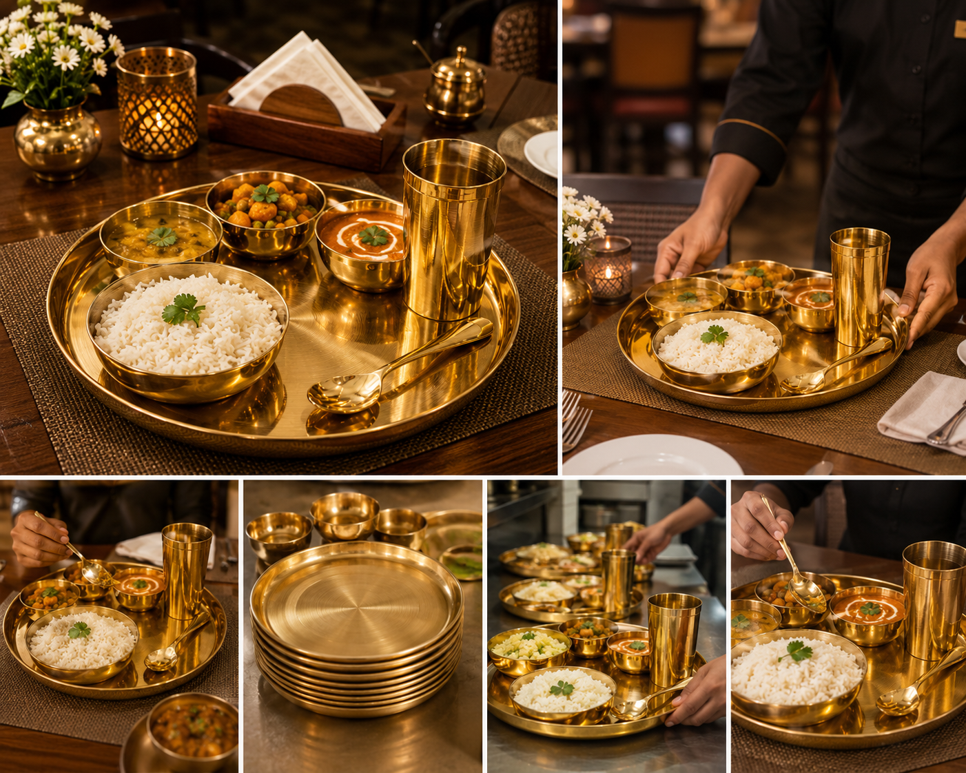 Pure Source India Kansa Solid Thali Set for Home, Kitchen, Dinning Table, Hotel & Gifting Purpose Set of 6 (Gold)