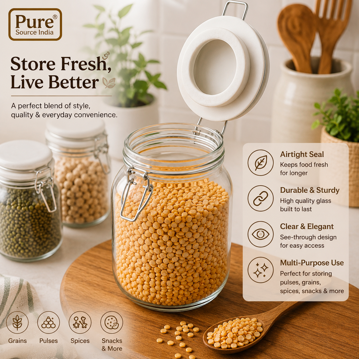 Pure Source India Glass Jar 1.5 LTR, Air Tight Jar With Stainless Steel Clamp Lid & Silicone Seal Kitchen Storage Jar with Air Tight Seal for Rice Pasta Pickling Food (White Rim)