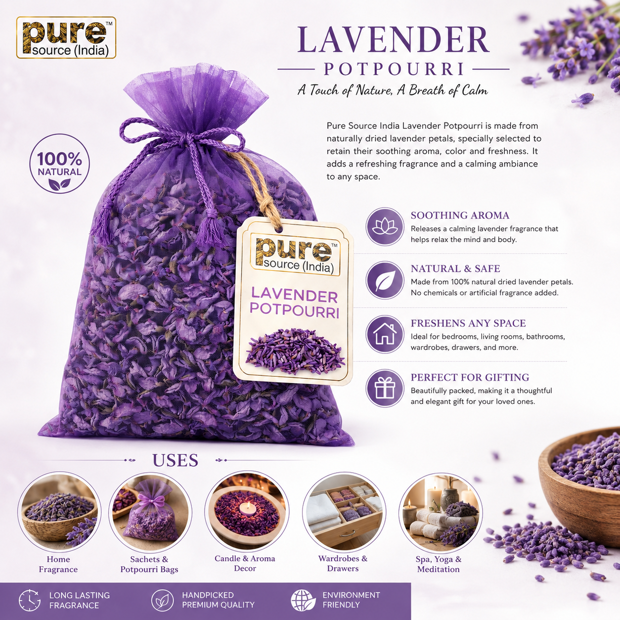 Pure Source India 130gm Scented Lavender Potpourri – Decorative Fragrant Dried Flower Petals for Home & Gift Use