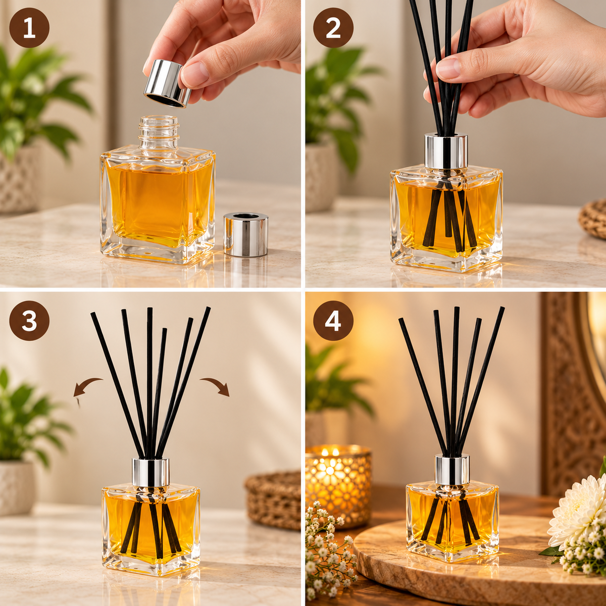 Pure Source India Empty Square Reed Diffuser Glass Bottle Coming with 6 Pcs Black Reed Sticks (30ML)