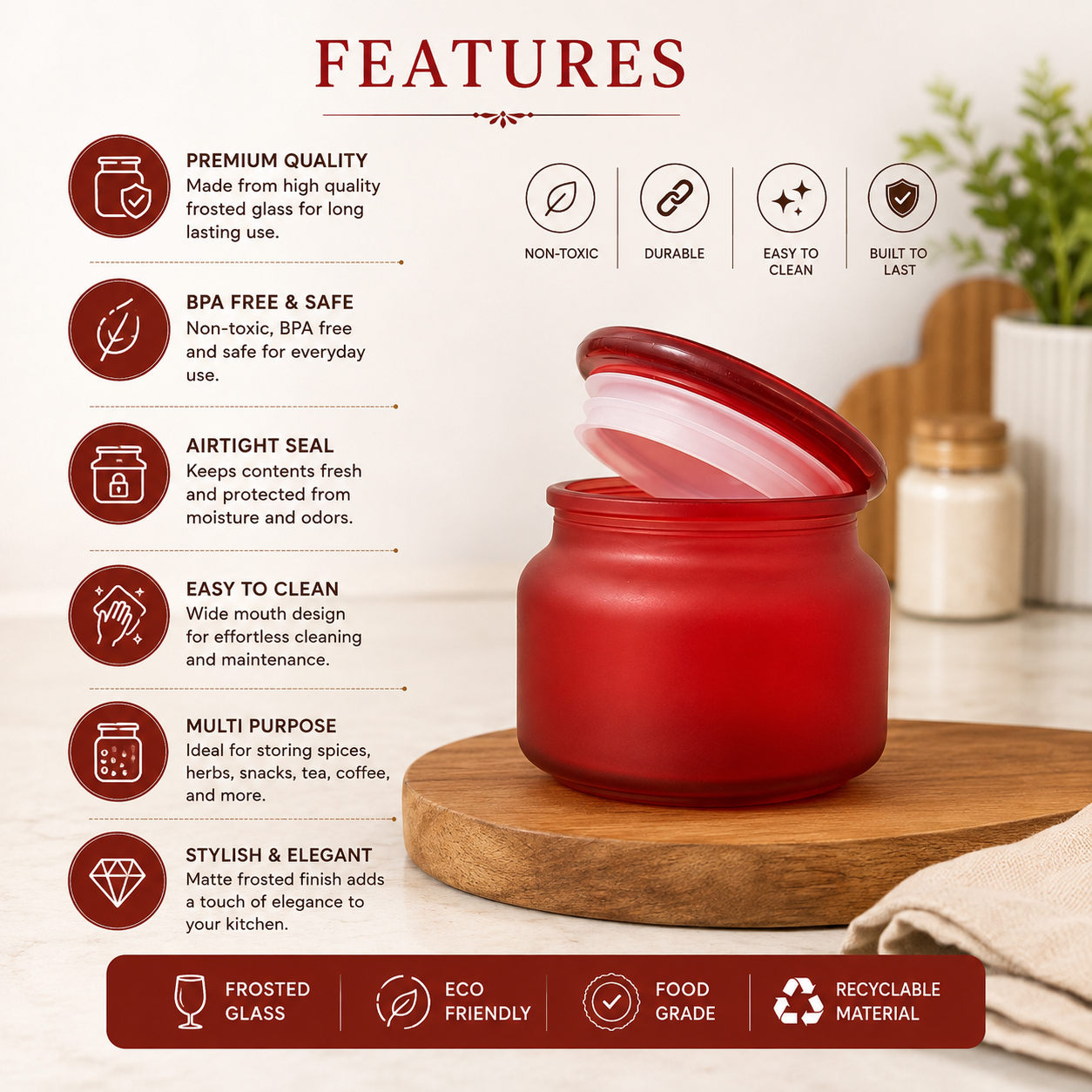 Pure Source India 250 Gm Colored Glass Jar Containers- Red