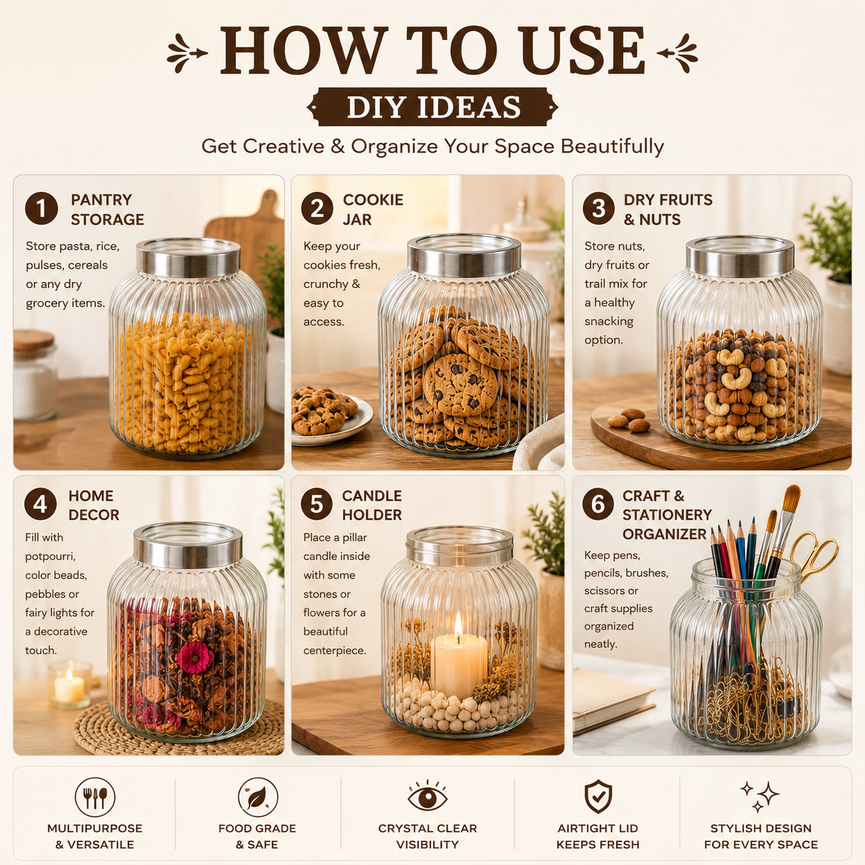 Pure Source India 7.5 Litre Ribbed Glass Storage Jar with Stainless Steel Lid | Airtight Food Grade Glass Canister | Kitchen Pantry Container for Cookies, Cereals, Rice, Flour, Pasta, Dry Fruits & Snacks