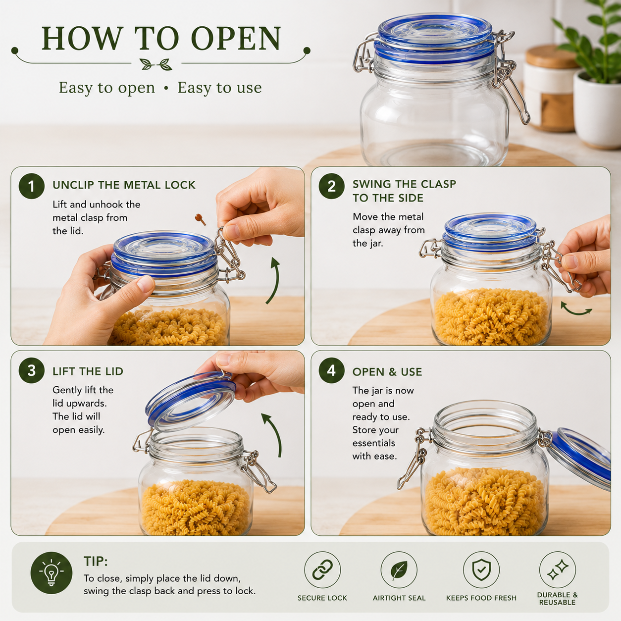 Pure Source India  750ml Stainless Steel Clamp Lid & Silicone Seal Kitchen Storage Air Tight Glass Jar, Clear