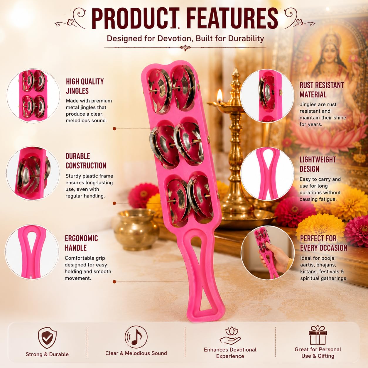 Pure Source India Handheld Plastic Tambourine Pack of 2 | 3-Pair Metal Jingle Percussion Instrument | Ideal for Bhajan, Kirtan, Pooja, Aarti, Garba, Music Practice & Cultural Events | Pink