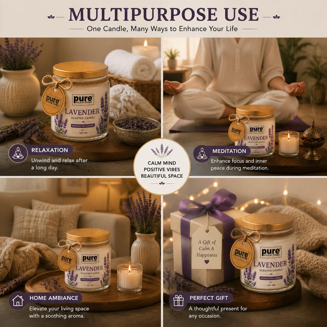 Pure Source India Premium Lavender Scented Wax Candle, 150 g | 35–40 Hours Long Burn Time | Aromatherapy Jar Candle for Home Fragrance, Home Decor, Diwali, Raksha Bandhan, Office, Spa & Gifting