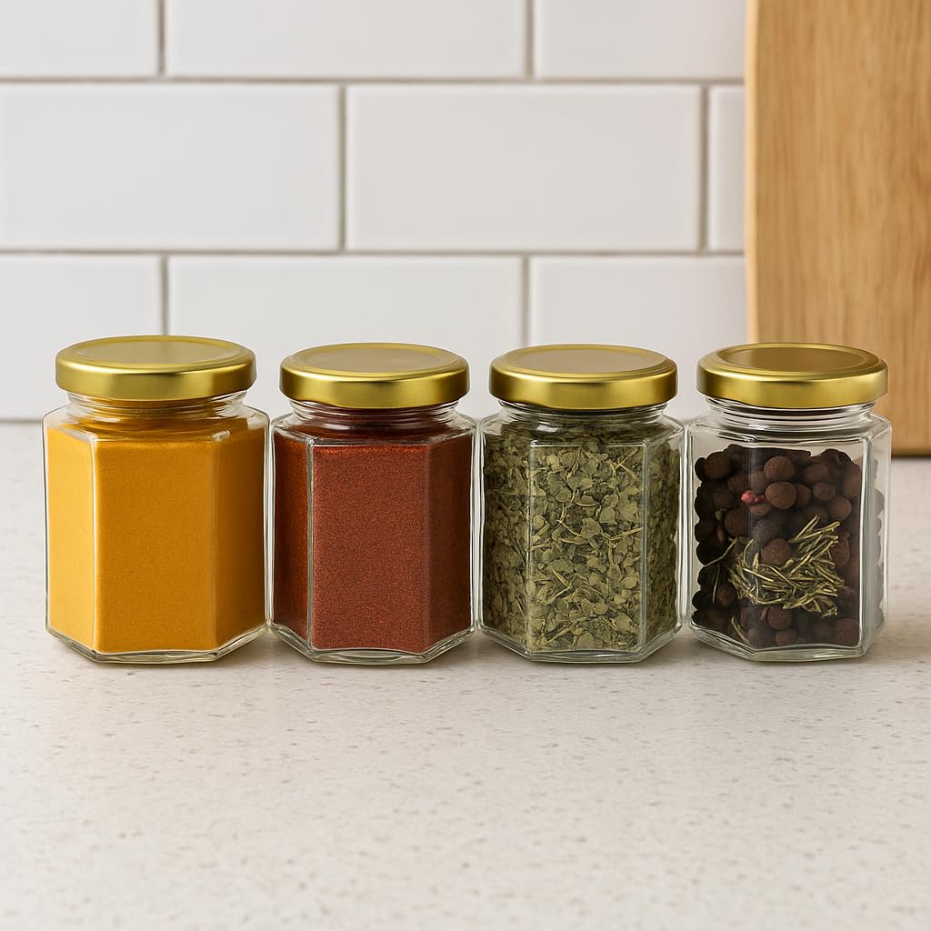 Pure Source India 190ml Hexagon Glass Jar with Golden Lid | Airtight & Leakproof | Dishwasher & Freezer Safe |for Spices, Pickles, Honey, Dry Fruits, Gifts & Kitchen Organization