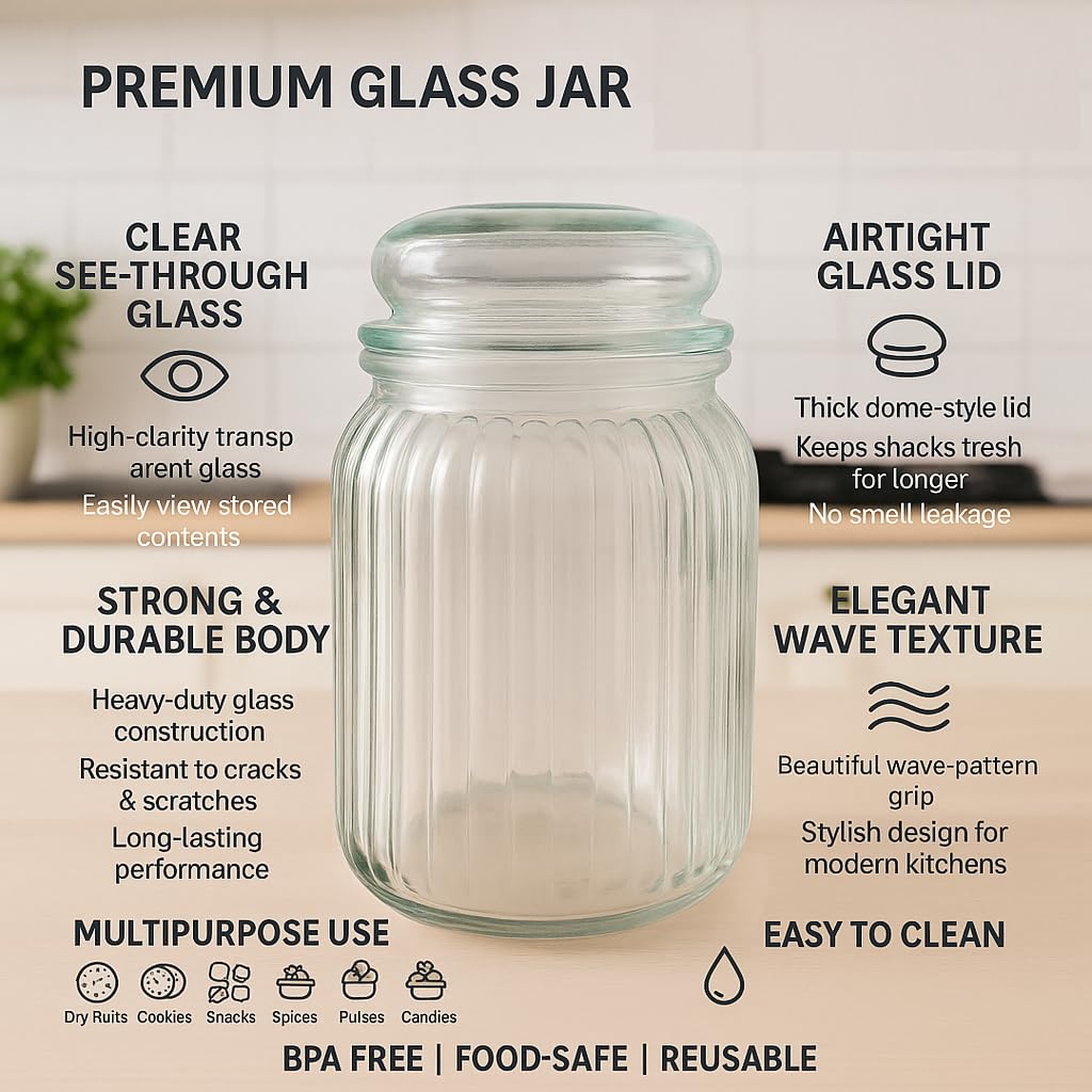 Pure Source India Premium 500ml Ribbed Glass Storage Jar with Airtight Lid | Clear Multipurpose Container for Kitchen Storage | Ideal for Dry Fruits, Snacks, Spices, Cookies, Sugar & More