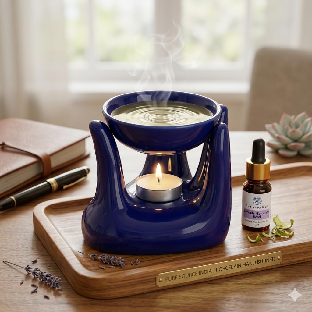 Pure Source India Ceramic Hand Type Oil Burner for Home, Office, with 1 Tea Light Candle, Made by Porcelain