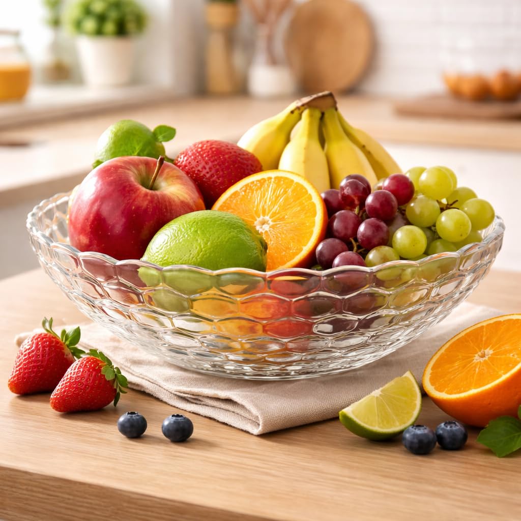 Pure Source India Glass Fruit Bowl 9 Inch Decorative Serving Bowl (1000ml Capacity)