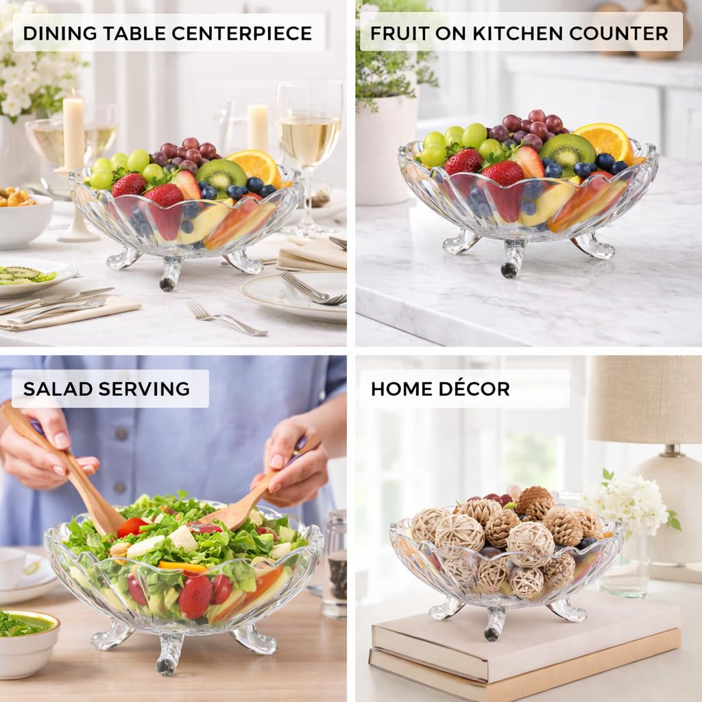 Pure Source India 8-Inch Clear Glass Fruit Bowl with Footed Base – 1.5 Liter Capacity Decorative Serving Bowl for Fruit, Salad & Home Décor