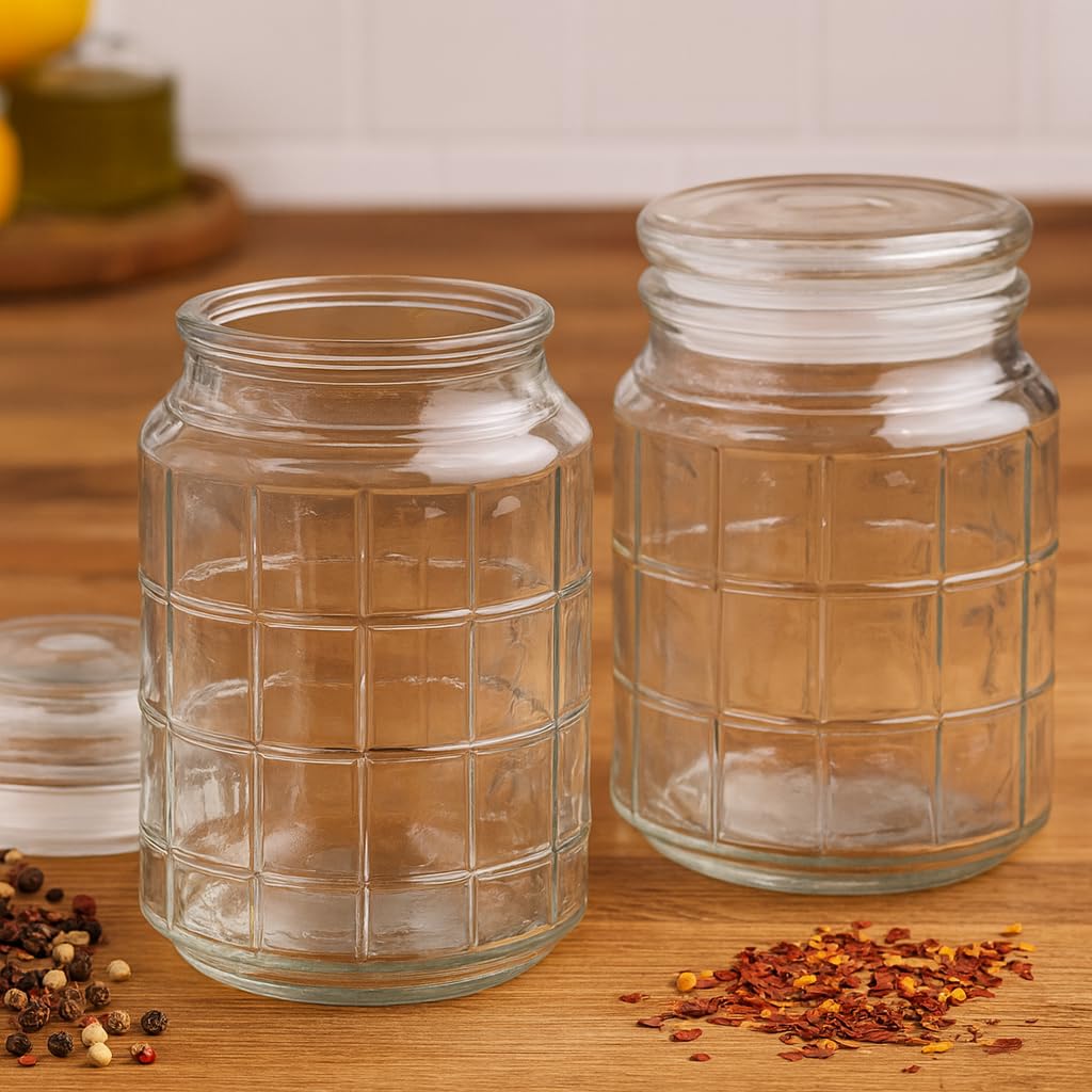 Pure Source India 500ml Glass Jar with Airtight Lid | Square Pattern Design | Kitchen Organizer for Spices, Pickles, Dry Fruits, Sugar & Snacks