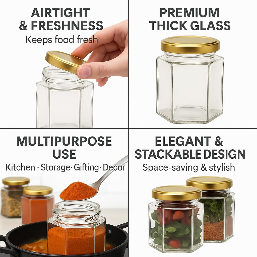Pure Source India 190ml Hexagon Glass Jar with Golden Lid | Airtight & Leakproof | Dishwasher & Freezer Safe |for Spices, Pickles, Honey, Dry Fruits, Gifts & Kitchen Organization