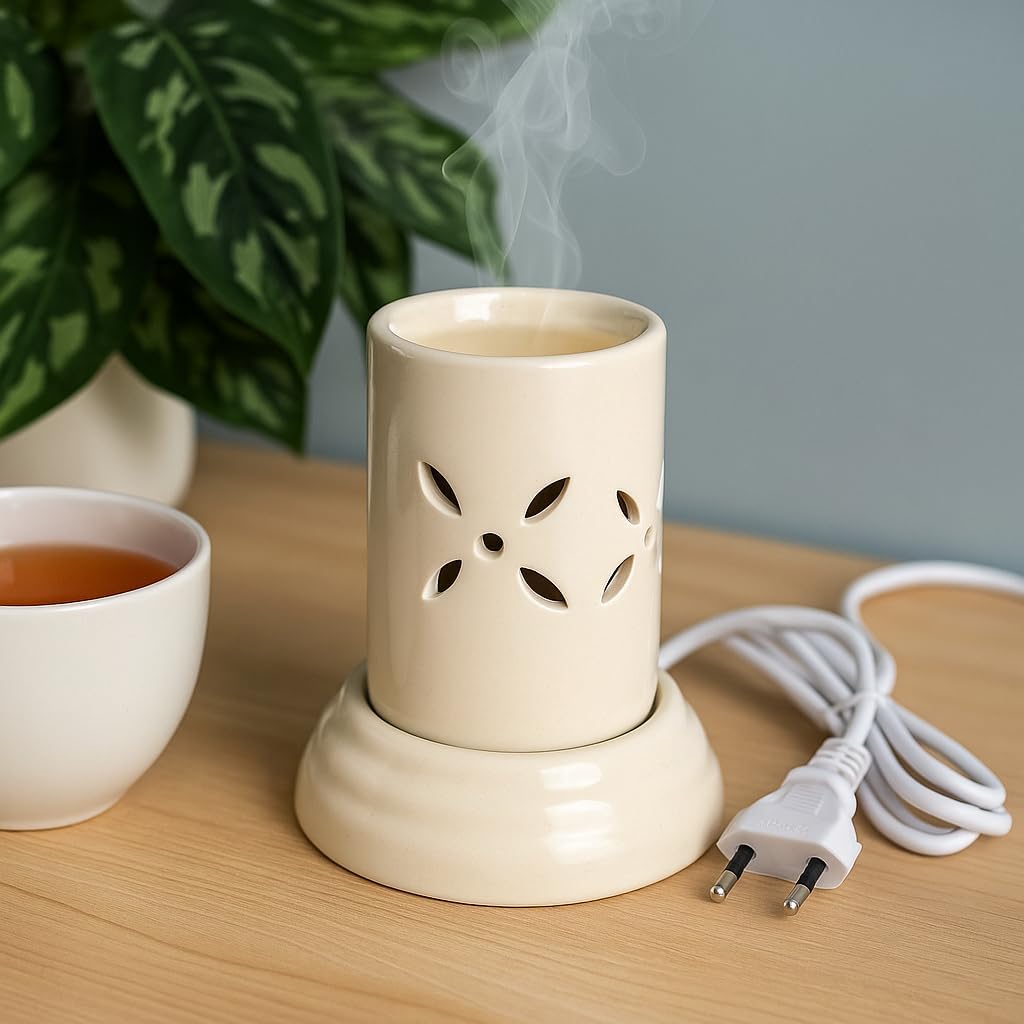 Pure Source India Ceramic Mini Electric Aroma Oil Burner with 10ml Lavender Essential Oil – Decorative Fragrance Diffuser for Home, Office & Spa