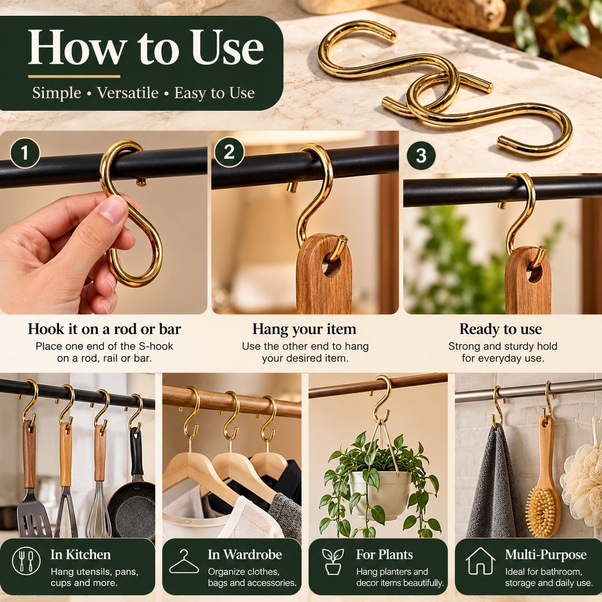 Pure Source India Golden Brass S  Hook for Home Decor, Hanging Accessories, Kitchen, Bathroom & Organizing(Light Weight)