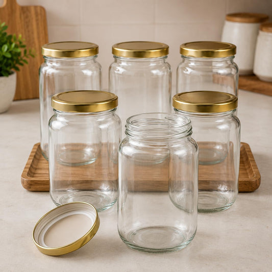 Pure Source India 500g Round Glass Jar with Gold Lug Cap | Airtight Food Storage Container | Glass Jar for Honey, Jam, Pickles, Spices, Sauces & Preserves | Bulk & Wholesale Packaging