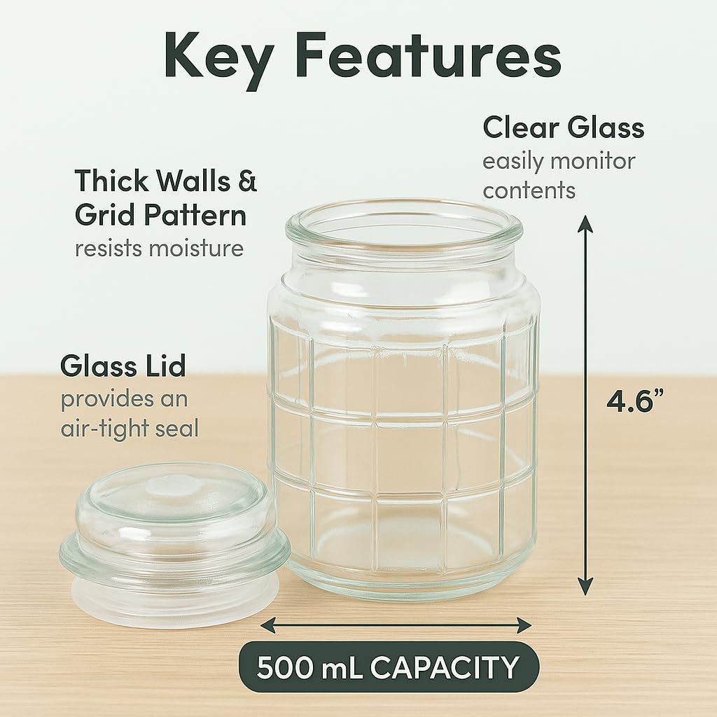 Pure Source India 500ml Glass Jar with Airtight Lid | Square Pattern Design | Kitchen Organizer for Spices, Pickles, Dry Fruits, Sugar & Snacks