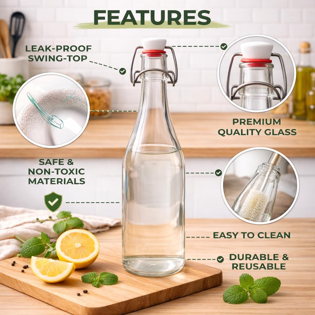 Pure Source India Premium 1 Litre Glass Water Bottle with Airtight Flip Top Cap | Leakproof & Reusable Bottle for Water, Juice, Oil, Vinegar