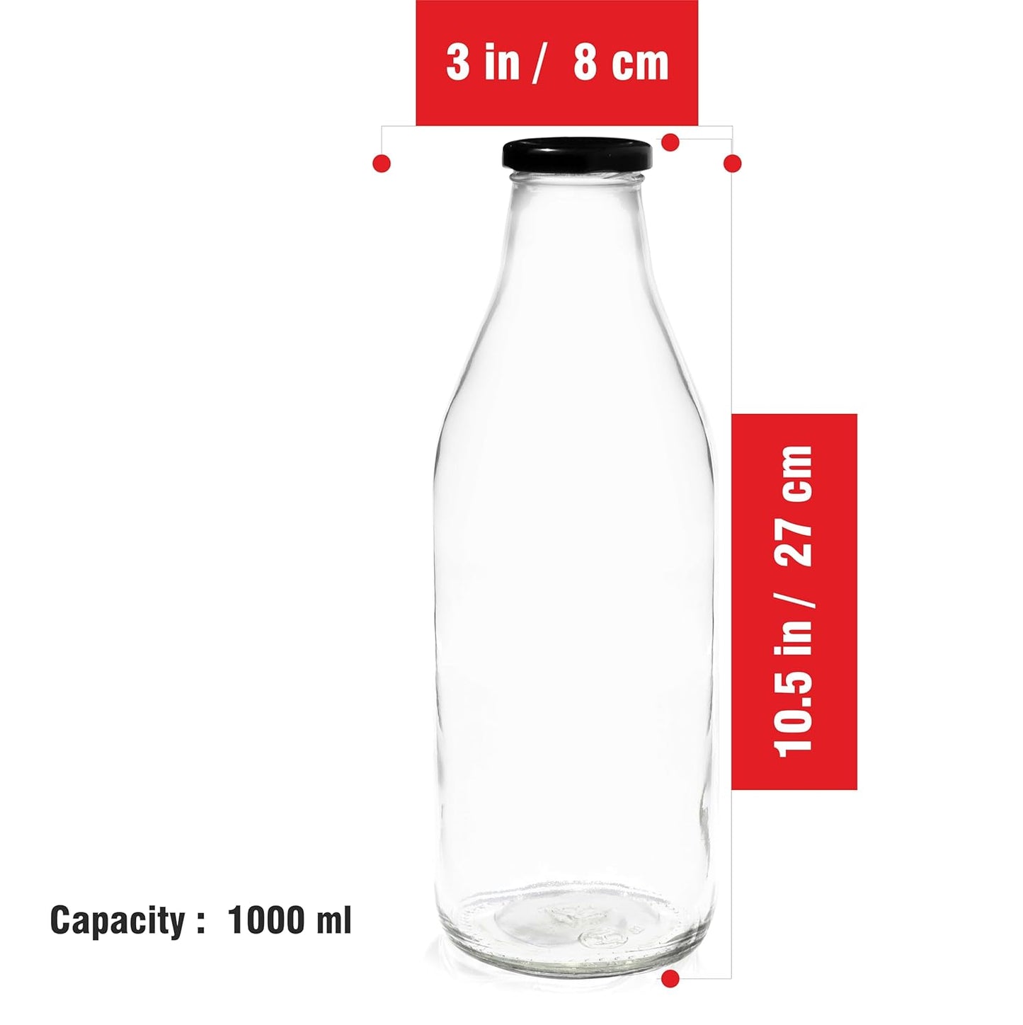 Milk, Water and Juice Glass Bottle With Airtight Black Cap - 1000 Ml (Transparent)