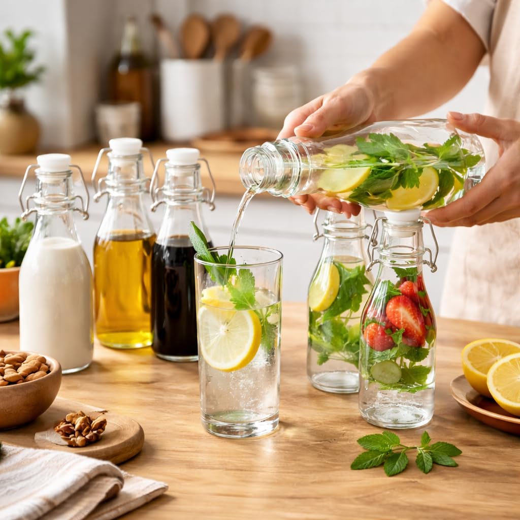 Premium 250ml Glass Water Bottle with Airtight Flip Top Cap | Leakproof & Reusable Bottle for Water, Juice, Oil, Vinegar