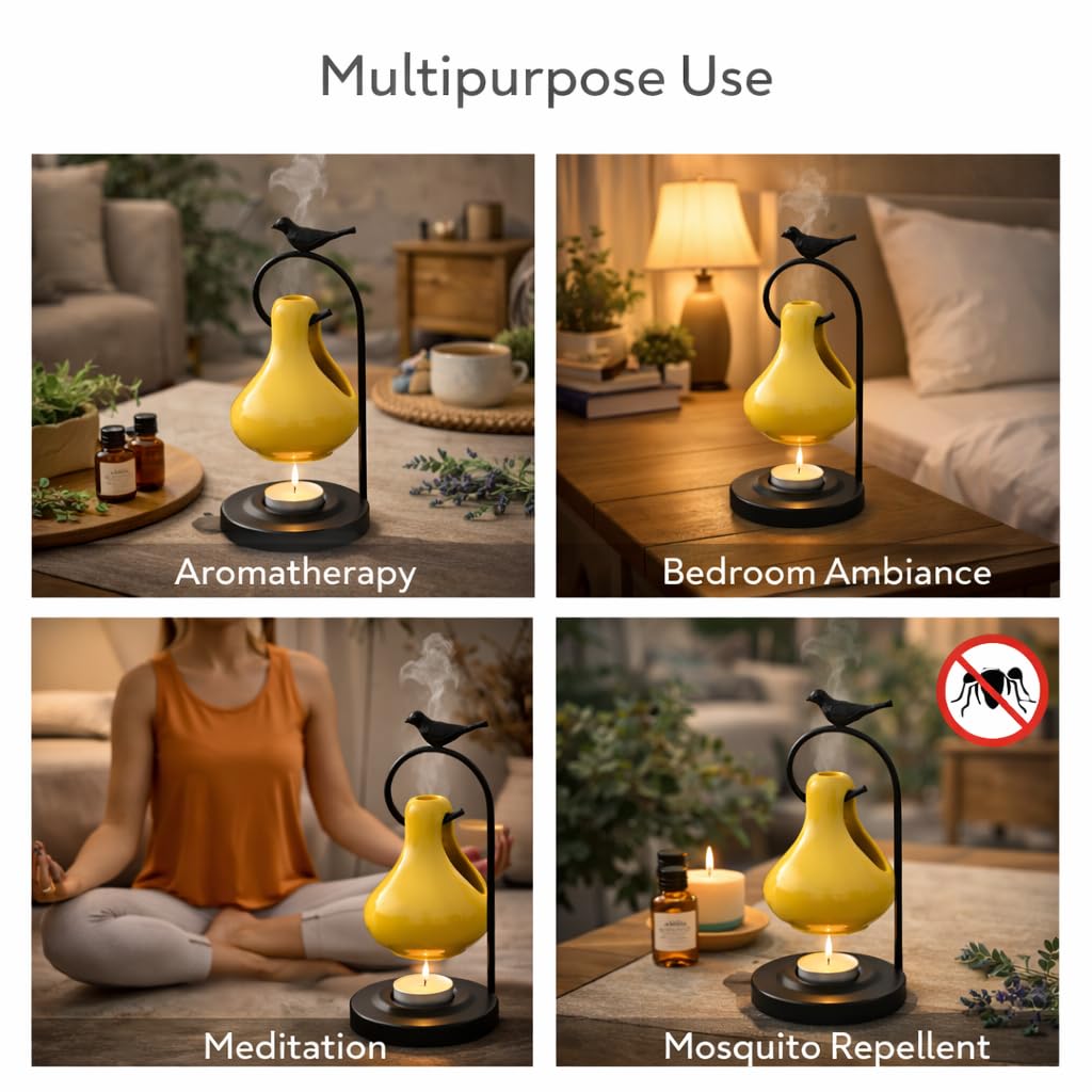 Pure Source India Ceramic Oil Burner with Metal Stand, Hanging Aromatherapy Diffuser, Decorative Bird Design, 9 Inch for Home Décor, Meditation & Gifting