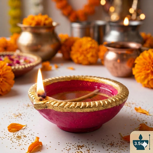 Pure Source India Elegant Pink Color (1 Pieces)Traditional Handmade Earthen Clay Big Size Diya for Laxmi Pooja| Premium Terracotta Akhand Jyoti for Diwali, Puja & Festive Décor