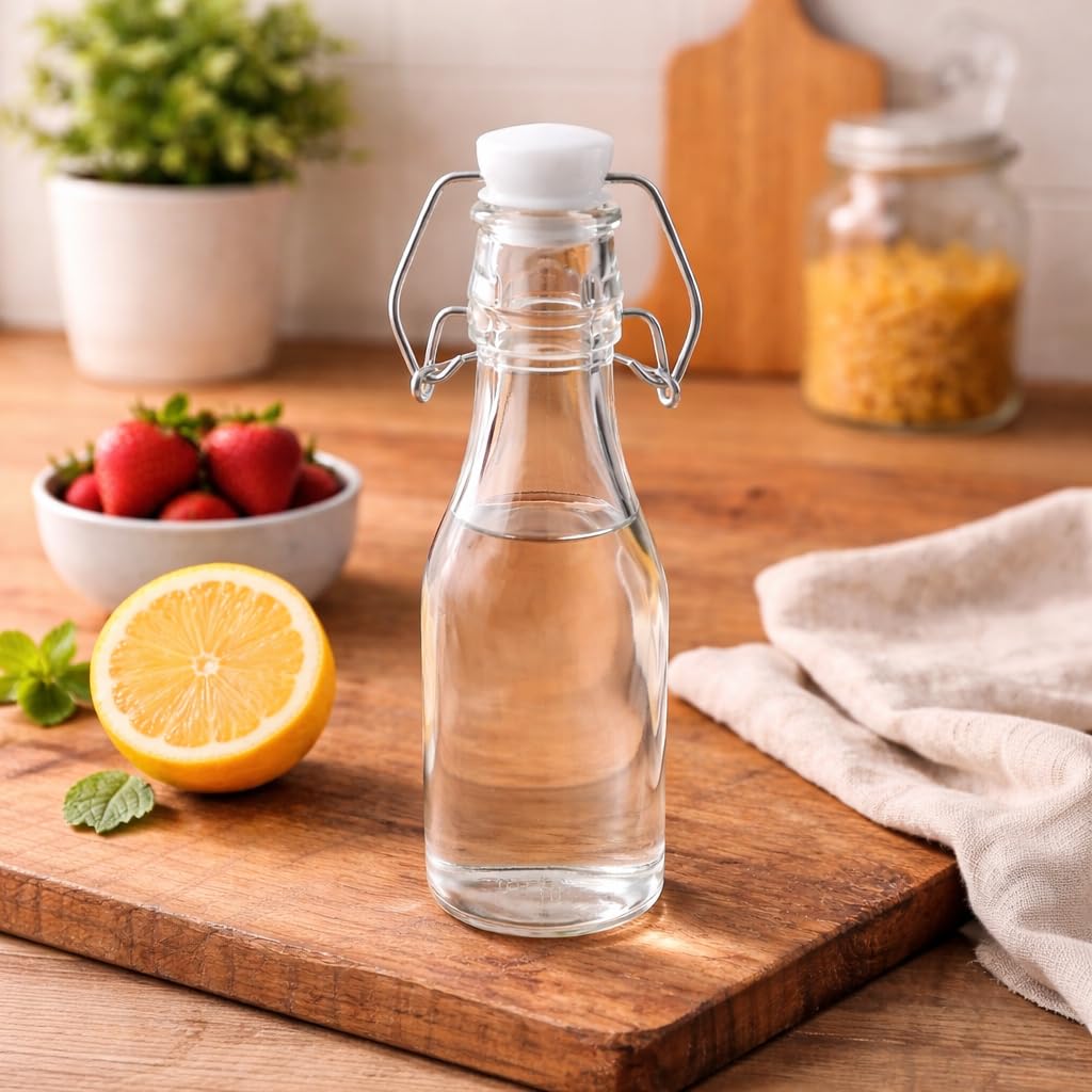 Premium 250ml Glass Water Bottle with Airtight Flip Top Cap | Leakproof & Reusable Bottle for Water, Juice, Oil, Vinegar
