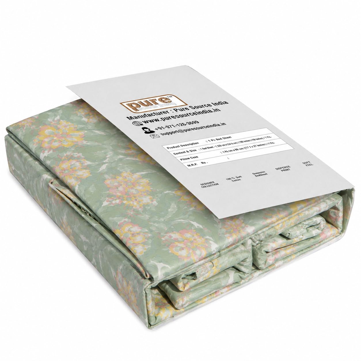 Pure Source India Poly Cotton Elegance Bedding Set, Dreamy Cotton Comfort Double Bed Sheet with Pillow Covers (Seamoss Green Flora)