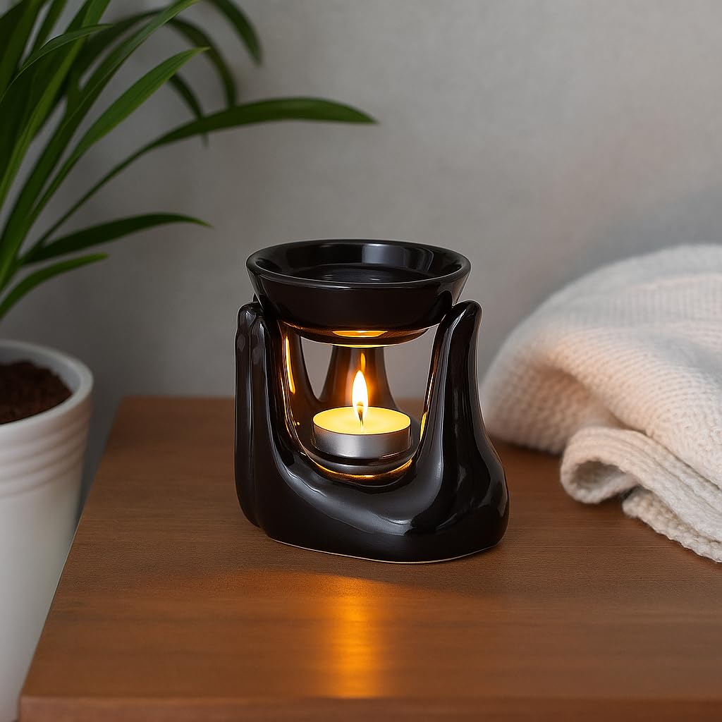 Pure Source India Ceramic Hand Type Oil Burner for Home, Office, with 1 Tea Light Candle, Made by Porcelain