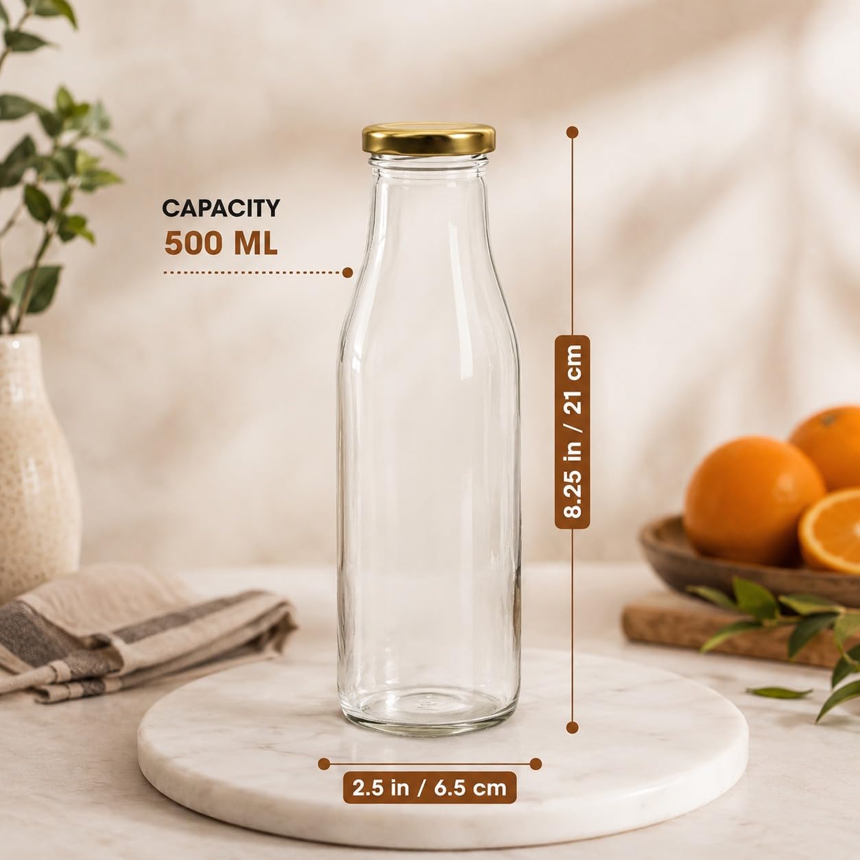 Pure Source India 500 ML Clear Glass Milk, Water and Juice Bottle With Airtight & Leak Proof Cap