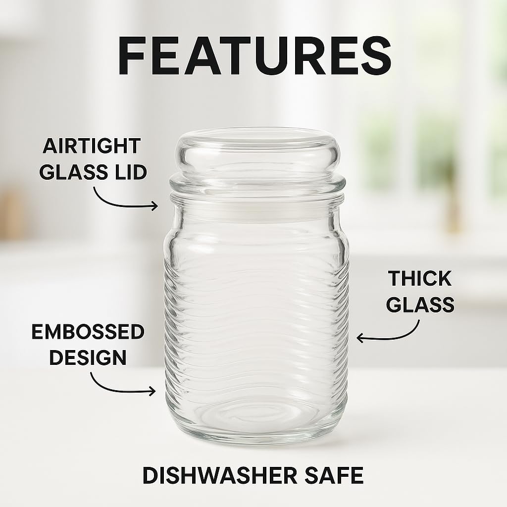 Pure Source India 500 ml Glass Jar Container with Airtight Lid | Wavy Design Storage Jar for Kitchen | Ideal for Dry Fruits, Snacks, Cookies, Spices & Multipurpose Use