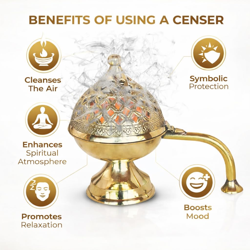 Pure Source India Brass Dhoop Dani for Pooja, Bakhoor & Loban Burner, Heavy Incense Holder with Handle, 8 Inch (600g), Traditional Agarbatti Stand for Home, Temple, Meditation & Festive Decor