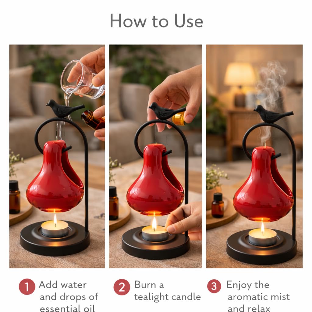 Pure Source India Ceramic Oil Burner with Metal Stand, Hanging Aromatherapy Diffuser, Decorative Bird Design, 9 Inch for Home Décor, Meditation & Gifting