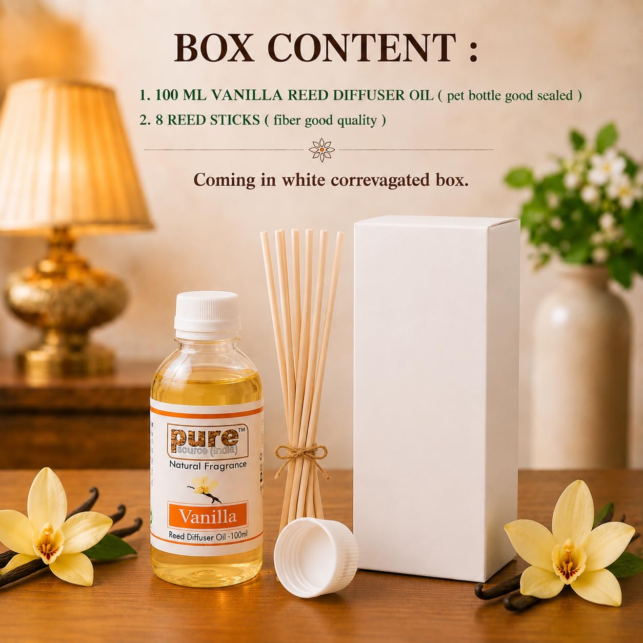 Pure Source India 100ML Vanilla Aroma Reed Diffuser Refill , 8 Pcs Reed Stick Coming Free With This Reed Diffuser Oil
