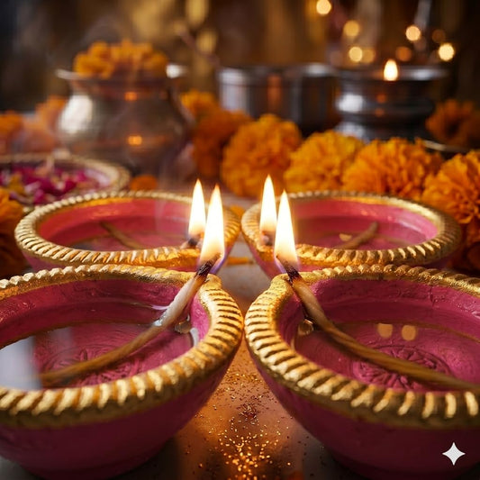 Pure Source India Elegant Pink Color (4 Pieces)Traditional Handmade Earthen Clay Big Size Diya for Laxmi Pooja| Premium Terracotta Akhand Jyoti for Diwali, Puja & Festive Décor
