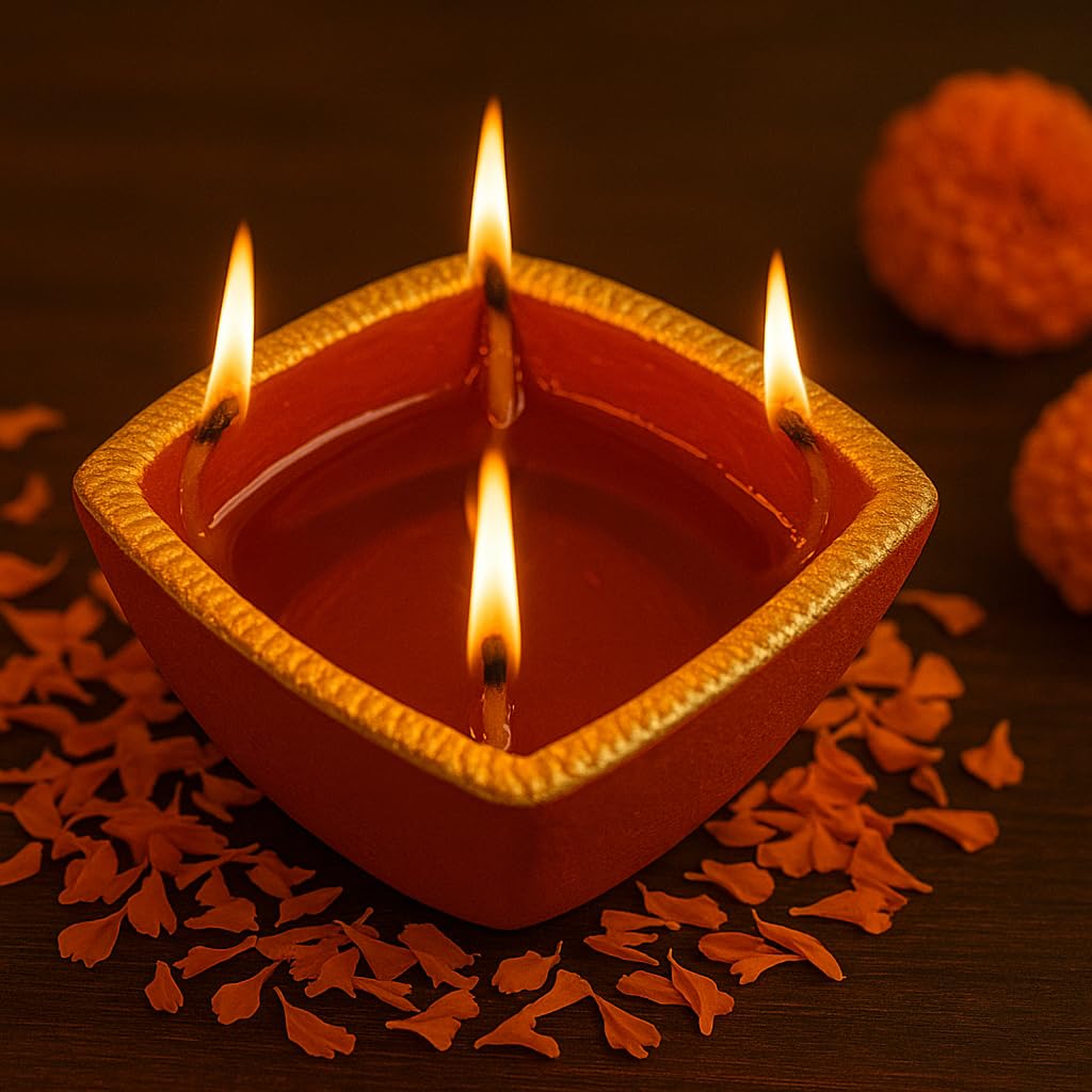Pure Source India Decorative 4-Wick Diya Lamp with Golden Border, Traditional Oil Lamp for Diwali, Pooja, Rangoli & Festive Home Décor 5 Inch / 200 ML)