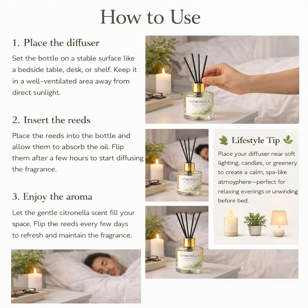 Pure Source India Citronella Reed Diffuser Oil Set 100ml With  6 Rattan Reed Sticks – Premium Aromatherapy Home Fragrance with Glass Bottle |Air Freshener for Home, Bedroom & Office | Ideal for Gifting