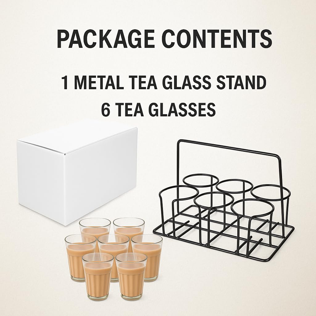 Pure Source India Cutting Chai Glasses with Iron Stand, Set of 6 | 120ml Transparent Tea Glasses for Home, Kitchen, Café, Restaurant & Dhaba | Chai Cups for Serving Tea & Coffee