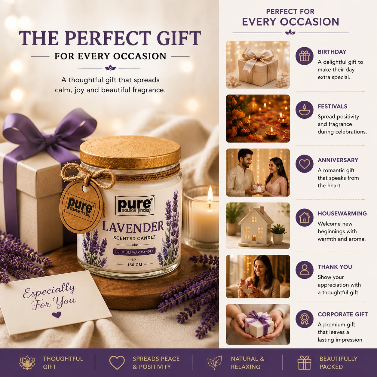Pure Source India Premium Lavender Scented Wax Candle, 150 g | 35–40 Hours Long Burn Time | Aromatherapy Jar Candle for Home Fragrance, Home Decor, Diwali, Raksha Bandhan, Office, Spa & Gifting
