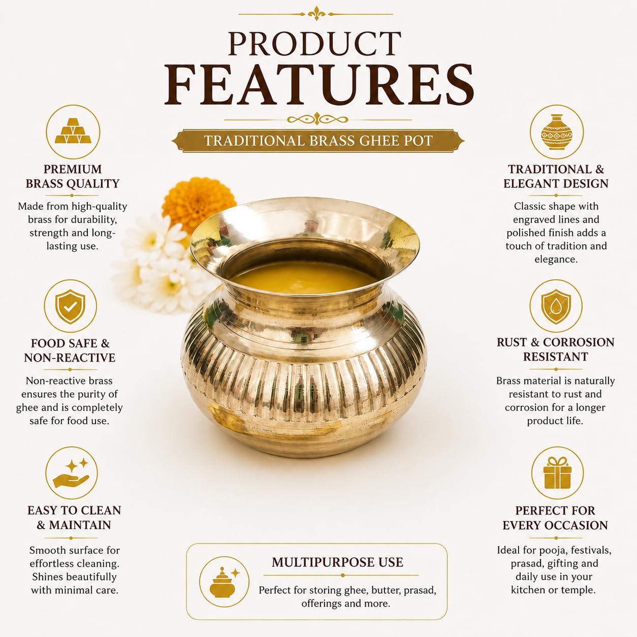 Pure Source India Brass Gangajal Lota for Pooja | 200 ML Traditional Brass Kalash Pot for Holy Water | Abhishek, Home Temple, Religious Rituals & Worship